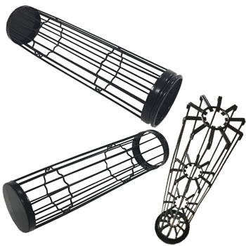 Three complete dust collector filter bag support cages on a white background