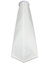 Size #2 polypropylene liquid filter bag with plastic F-ring, thermally welded body and V-shaped bottom