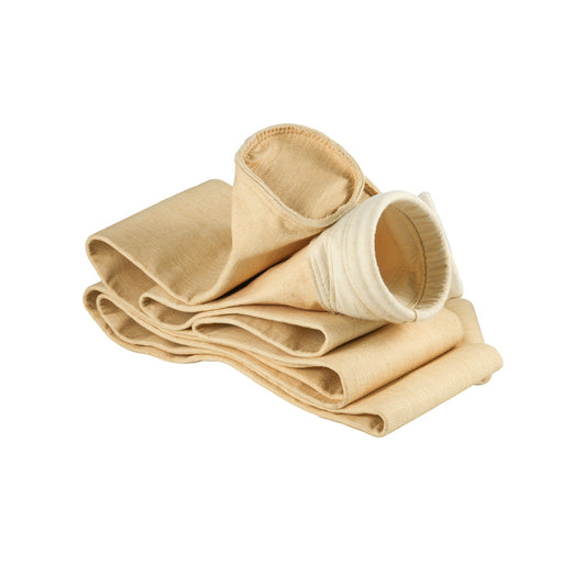 Group of industrial dust filter bags on a white background showing multiple bag mouths and sewn constructions