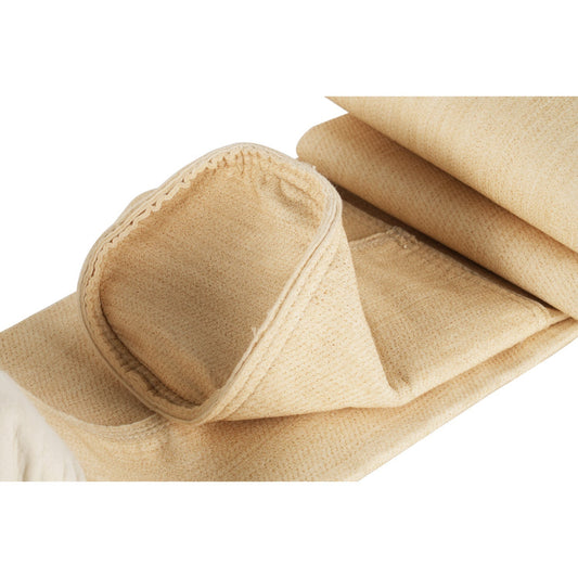 Close-up of tan industrial dust filter bag fabric showing the bag mouth, seam construction and media surface