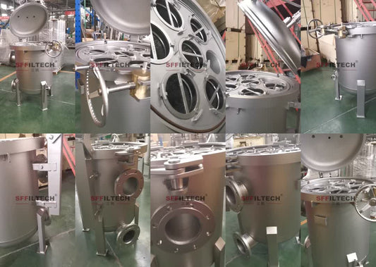 Open stainless steel multi-cartridge filter housing showing the lid, internal openings, ports and vessel body