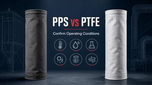 PPS and PTFE filter bag comparison graphic highlighting operating-condition review factors