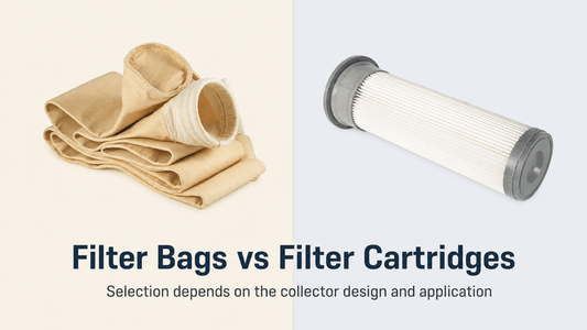 Side-by-side comparison graphic showing industrial filter bags and a pleated filter cartridge